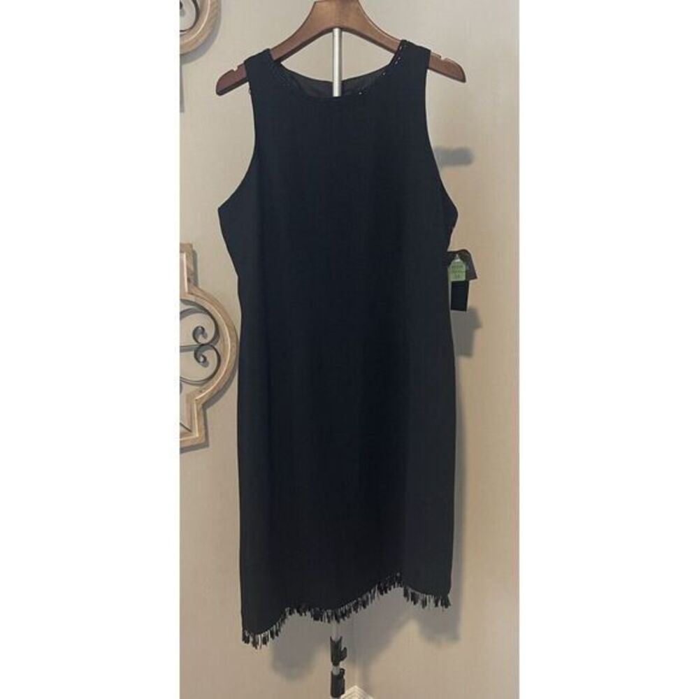 Studio I Dress Black LBD Sheath Asymmetrical Beaded Fringe Button Back 14 NWT
